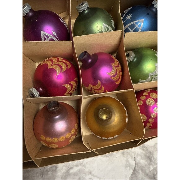 Vtg Pyramid Glass Ornaments Box 11 Stencil Glitter Solid Xmas USA READ Pink Blu - Picture 3 of 9